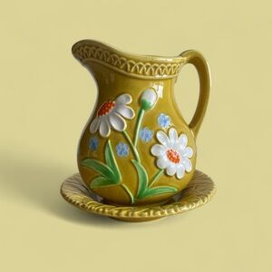 ***SOLD***Japanese Majolica Yellow Pitcher and Saucer